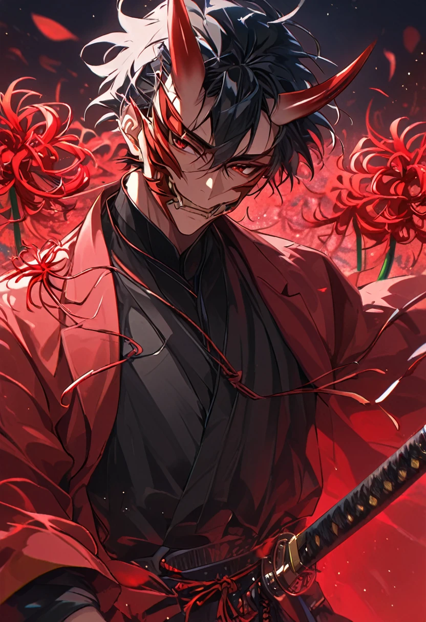 Handsome, solo, 1 male, short hair, black hair, red eyes, oni mask, black shirt, red coat, red spider lilies, katana