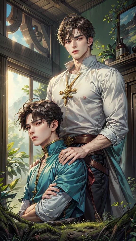 ((Best quality)), ((masterpiece)), (detailed), ((perfect face)), ((halfbody)) handsome face, male, teen boy, perfect proportions , a character from anime saint seiya, short hair, male version , detailed ghibli interior scenery background