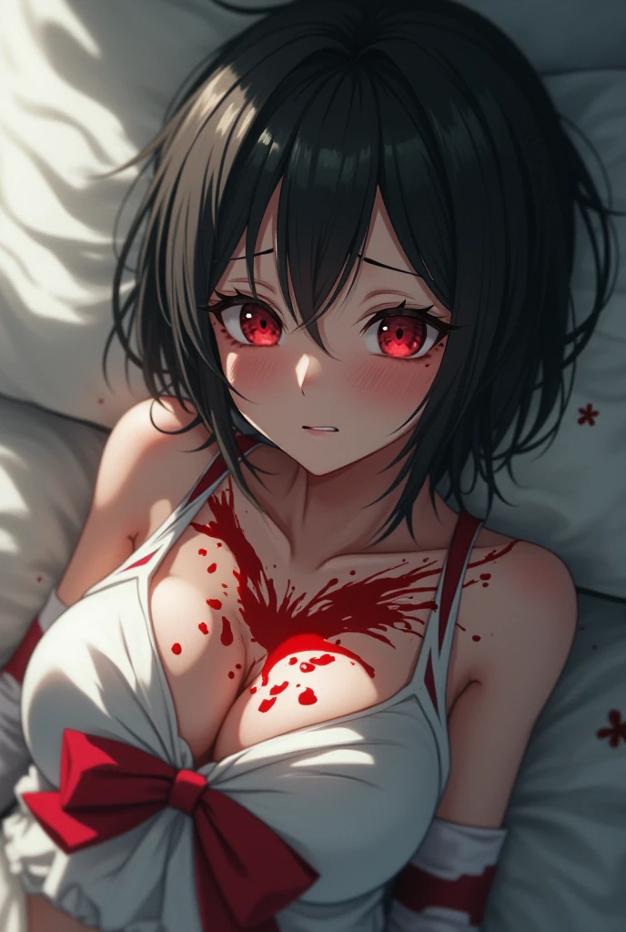 (mieruko:1.3), 1girl, standing, scared, tears, sweat drips, yellow detailed eyes, long black hair, big eyes, (open mouth:0.1), detailed pupils, horror \(theme\), woman, ((bra)), ((torture)), ((tortured)), ((blood)), ((pain))
