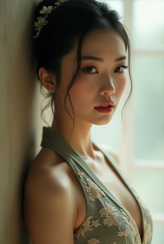 A girl with rosy cheeks and glowing skin, beautiful detailed eyes, and luscious long eyelashes. She has a beautifully detailed lips. She is wearing a flowing dress with vibrant colors, surrounded by a vibrant garden full of blooming flowers. The sunlight gently illuminates her face, casting a warm and inviting glow. The artwork is created using a combination of oil painting and photography, resulting in a visually stunning masterpiece. The image quality is of the highest level, with ultra-detailed features and a realistic, photorealistic representation. The colors are vivid and vibrant, bringing the scene to life. The lighting is soft and warm, emphasizing the girl's natural beauty and the serene atmosphere of the garden. Full body, realistic big breasts, navel exposed, cleavage.