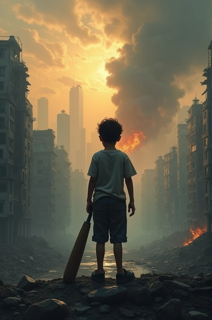 Homeless little boy watching Helicopters and soldiers in sky in destroyed and bombarded city between smoke.