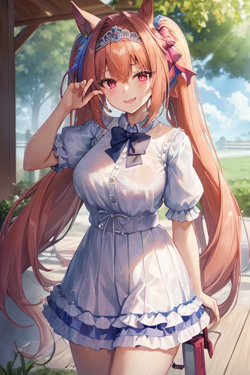 (((masterpiece, Best Quality,  Hi-Res, 超 Hi-Res,  Perfect Pixel ,  depth of field, 4K, ,  Hi-Res))),  1 girl, smile,  very big breasts, Brown Hair, Long Hair,  twin tails, (red eyes:1), Rainfall:1.4,  Water Drops Falling :1.1, Wet your hair:1.2, Wet clothes:1.2, (Under the Pavilion Roof :1.3), Cloudy,  is laughing,  watching viewers, {{ extremely delicate and beautiful}},  Highly Detailed CG Unity 8K Wallpaper,