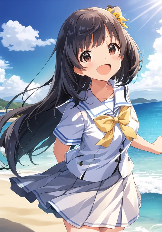 This is Nakatani ( million people live), (Best Quality, 8k, masterpiece, Super detailed:1.2),  dynamic pose , Cinematic angle,  cowboy shot, Particles of light, Sparkle,  beautiful detailed eyes, shiny skin,  shiny hair,
day,   mottled sun light ,  Blue Sky, Beautiful Clouds,  beach ,  wide shot,  depth of field, Blur, sailboat,  ocean,  seagull , Distant Island々,
 1 girl, Alone, skirt, smile, cute,  happy ,  open your mouth , Sailor collar, shirt, pleated skirt,  SHORT SLEEVE, :d,  school uniform, Seraph, clavicle, ribbon, bow,