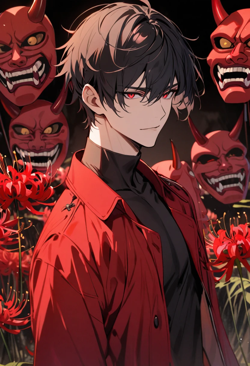 Handsome, solo, 1 male, short hair, black hair, red eyes, oni mask, black shirt, red coat, red spider lilies, katana