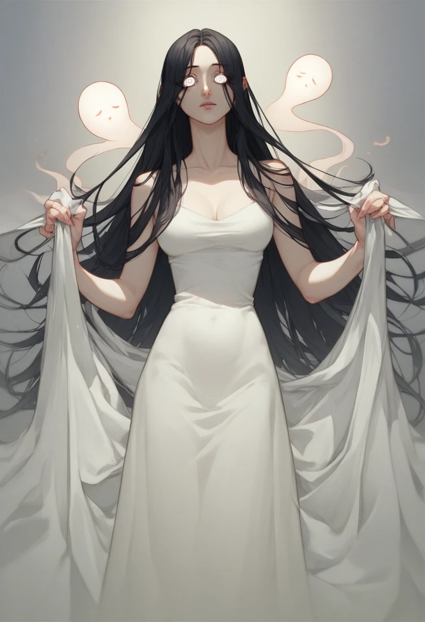 1 girl, ghost sheet, all simple drawings. Anime, beautiful. wearing a white dress, ghost girl, shep is facing the camera, black hair, sheet ghost style, beautiful squinting eyes, standing, beautiful figure, long hair, simple dress, discreet dress, veiled silk fabric , 