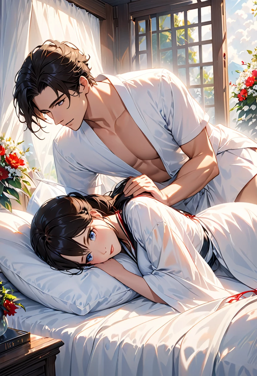 ((highest quality)), ((masterpiece)), (detailed), Perfect Face、((Yuuki Asuna))、Brown Hair、((Men and women get naked))、((They have sex in the face-to-face cowgirl position while holding each other tightly.))、On the bed in the bedroom、((A man and a woman have marital relations on a bed))、A man and a woman are a couple、Gorgeous Phoenix Crown、Woman has a happy face、Gorgeous hair ornament、Earrings、necklace、Bracelet、Luxury accessories、(The woman is the empress)、(The man is the prince)、((Woman hugs man))、(The man puts his hands around the woman's waist and hugs her)、((A man, a man and a woman make love deeply in bed))、((The woman spreads her legs and wraps them around the man's waist.))、((A man hugs a woman and has sex))