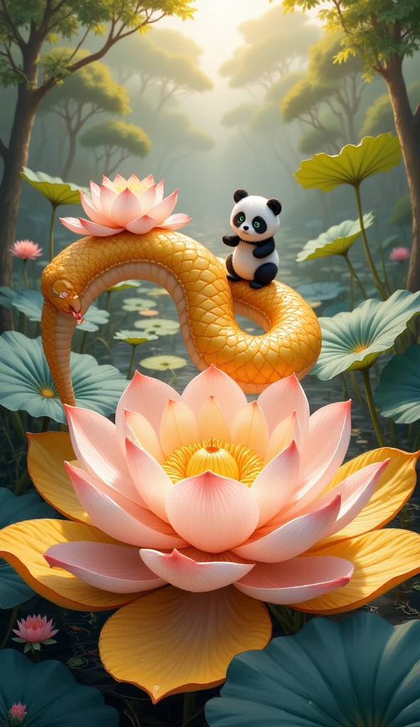 The world of felt，Ink wind background, Felt bridge flowing water ， Felt landscape ，A huge lotus flower ， Soft golden glow ， A Q version of a young snake is revealed on the huge lotus core， Plush velvet is cute ， Plush golden felt-textured scales ，Gradient gold ， Light gray textured little belly ， Large, round eyes that radiate emerald green and soft light ， Pure spiritual eyes ， Full of wisdom and wisdom about the surroundings State ， A felt panda stands on the side with its paws sticking out and rests on top of a young snake's head， blockbuster cinematic perspective ， interlaced light and shadow ，High resolution reveals details， Extreme Details ，Super Resolution，Image Quality， octane rendering ，Global Illumination