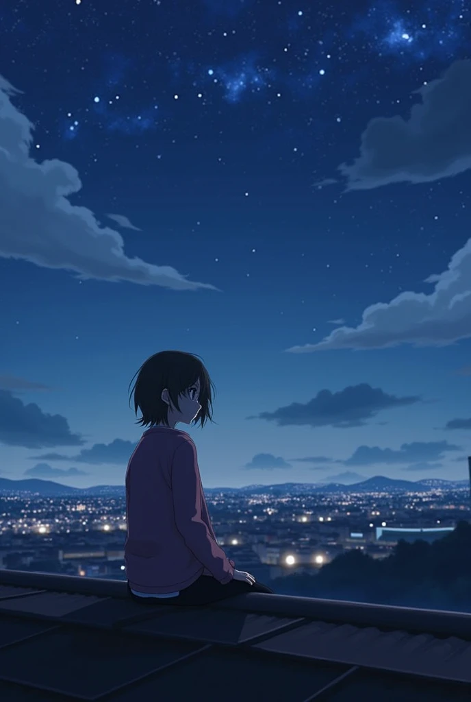  best quality, masterpiece,  extremely detailed,  Detailed Background ,  Japanese cartoons , 1 Girl, Young Girls, Short girl,  Science Fiction ,  Science Fiction , Outdoors, night,  starry sky , greenhouse, Megastructures, Bio Dome, wind景, wind景, horizon, roof, sitting on roof, wind, Looking aside ,  creative lighting , Single focus, close up, From the side, Depth of Field, Bokeh