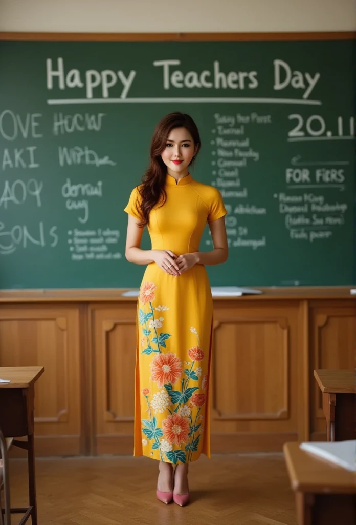 Vietnamese ao dai, Lisamy, full body view, standing on the long podium of the lecture, holding in his hand the chalk, close to the back is the board, with the words "Happy Teacher Day 20.11" Written in white chalk, in the classroom, a teacher