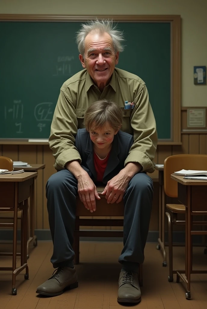 (masterpiece), best quality, ((2 old man in a green suit stands beside)) (((nude naked nude naked young teen girl who who wears a side cap and short hair and a smile and waves))) and has short chignon hair and has medium breast and nipple and vagina and earring and dog tags and black leather gloves , world map on wall in background, classroom setting, classroom, man student in the background,