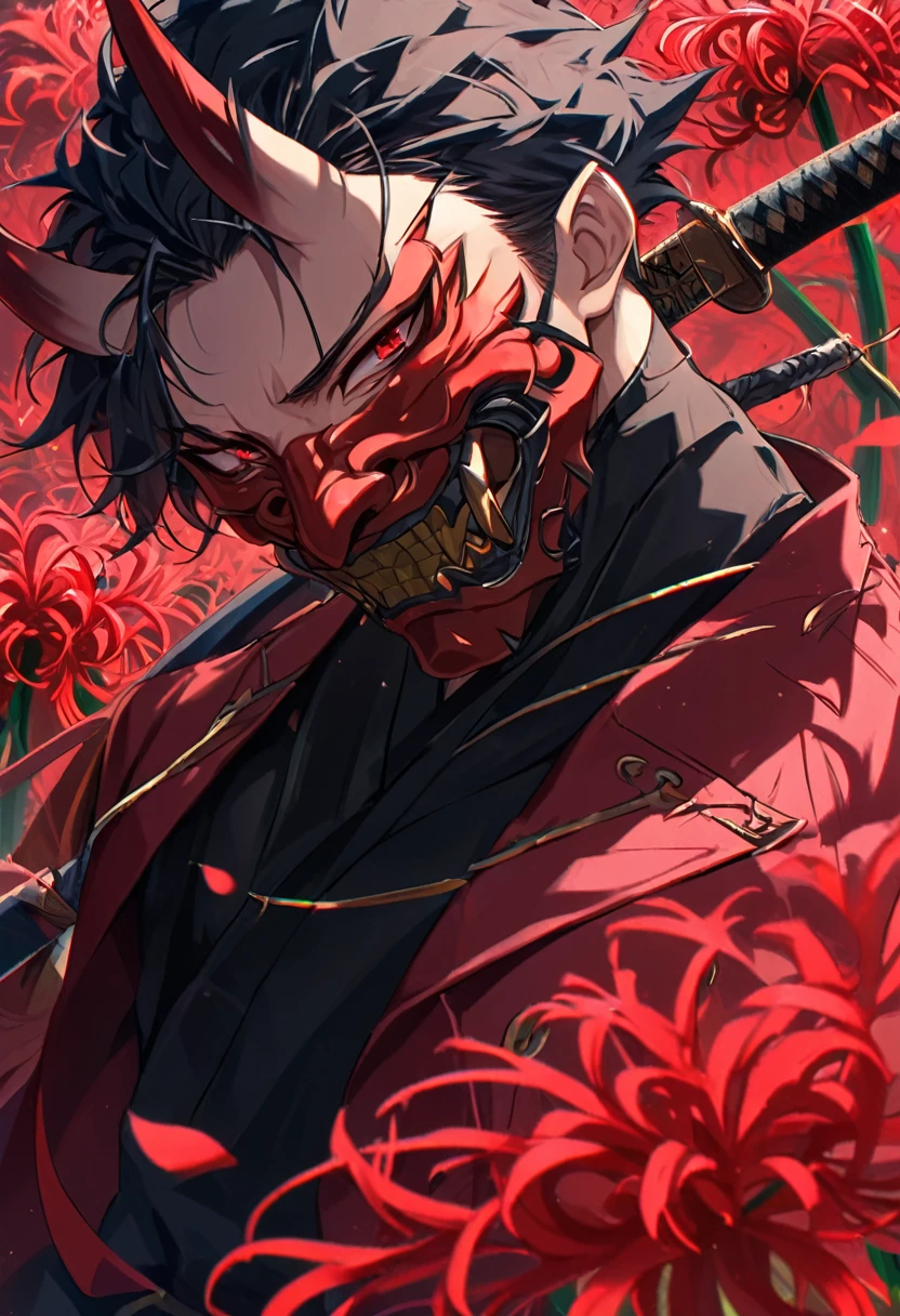 Handsome, solo, 1 male, short hair, black hair, red eyes, oni mask, black shirt, red coat, red spider lilies, katana