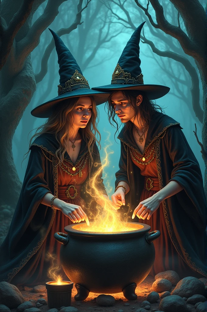Sexy witches brewing a potent potion in a cauldron suspended over a crackling fireplace in a dimly lit, ancient-looking kitchen. (perfect face:1.6), (perfect realistic skin texture:1.5), (perfect eyes:1.5), photorealism, (sfw huge breasts:1.6)