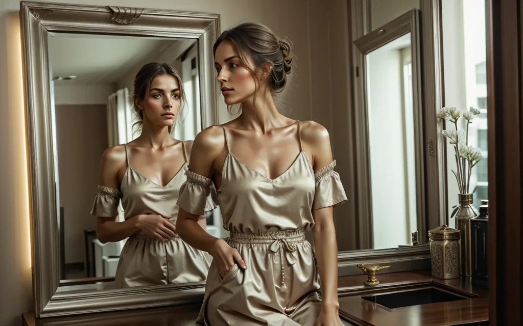 A poignant and thought-provoking scene featuring Gaia standing closely in front of a tall, elegant mirror. She gazes at her reflection, but her mirrored image is heavily blurred—so much so that her face and features are entirely unrecognizable, reduced to soft, indistinct shapes and muted colors. The intense blur creates a sense of disconnection, as if she is unable to see or recognize herself. The woman is dressed in simple, neutral-toned clothing, with her hair loosely tied back, adding to the understated, emotional tone of the scene.

The room around her is softly lit, with a warm, golden light streaming in from a nearby window, casting gentle shadows and creating a cozy yet melancholic atmosphere. The mirror is framed with a classic, slightly tarnished silver or gold edge, adding a timeless feel to the scene. The background is intentionally kept soft and minimal, with hints of a calm, homely environment like a partially seen bed or a dresser, drawing full attention to the woman and her indistinct reflection. The overall color palette is subdued, using soft earth tones and gentle highlights to evoke a sense of introspection, identity crisis, and emotional depth.