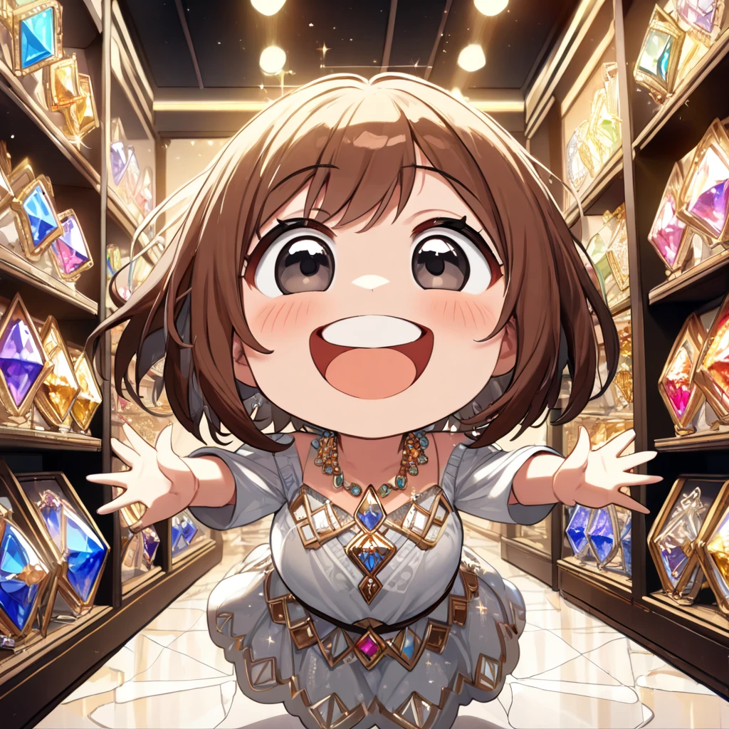 1girl, chibi, fair skin, brown hair, bob, big droopy eyes, black eyes, diamond-shaped irises,
in jewelry store, showcase filled with jewels, golden sparkle, trembling, floating, open arms,
looking away, cheerful grin, surprised, full body shot, dutch angle shot,
(masterpiece, best quality, hyper detailed:1.2),