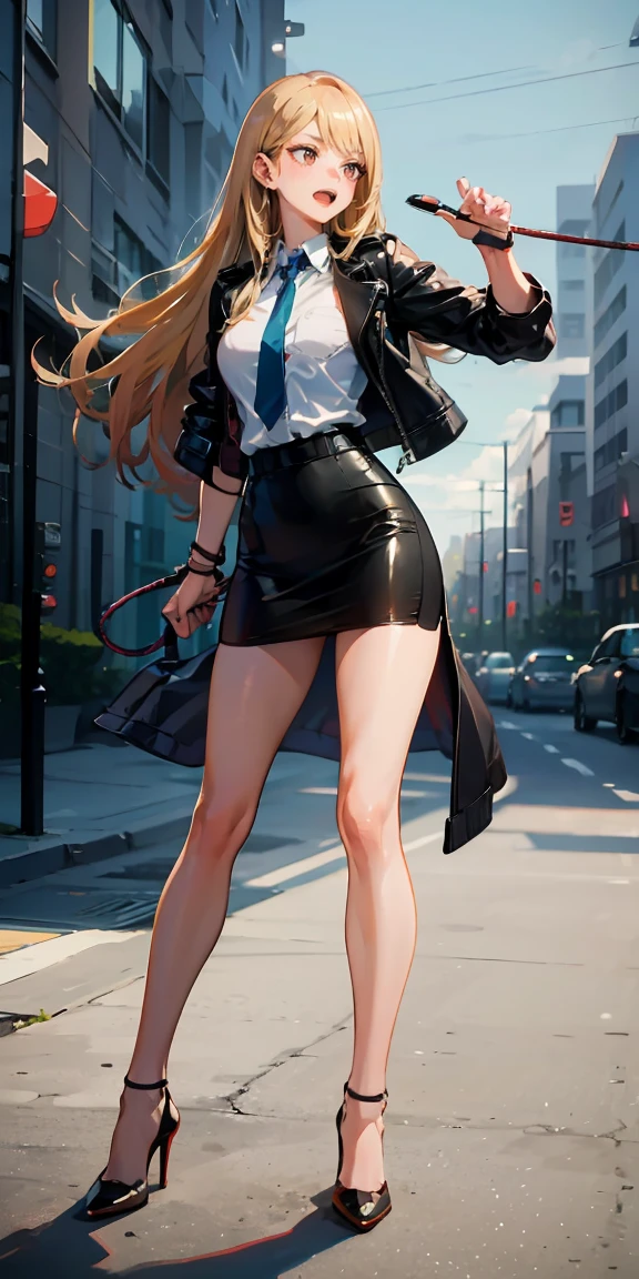 Marin Kitagawa,intenseglare,(best quality:1.6, highres), (beautiful detailed eyes:1.2), elevated, high-quality, beautiful face, 1 girl, leather pencil skirt, oversized leather jacket, blackbird, long hair, wide hips, landscape beautification, street, background, detailed background, sinister smile, angled laughter, long coat, blouse, tie, office woman, mature,((high heels)),A look of contempt,disgusting expression,((whipping:1.4)),((whip:1.4)),