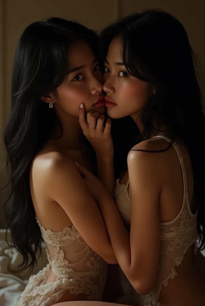 ((best quality, 8k, masterpiece :1.3)),beautiful woman,Hide your face,2 girls,Beautiful big breasts:1.3,Slim abs:1.1,white,,long black hair,(sitting on bed),Super detailed face,highly detailed lips,delicate eyes,double eyelids clear focus :1.2, perfect body beautiful woman:1.4, Slim abs:1.2, ((layered hairstyle:1.2)), (Tank top shirt:1.1 ), (corridor:1.2), Highly detailed facial and skin textures, delicate eyes, young East African Woman, Ethiopian woman