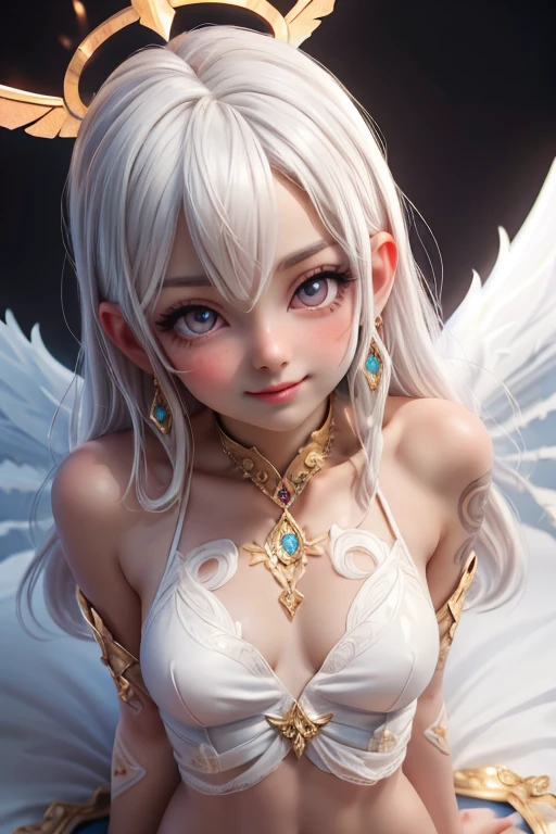 close_up of an (angel) smiling, sparkling (blue) eyes, shiny white hair, (golden and silver) make_up, white wings, heavenly background, 