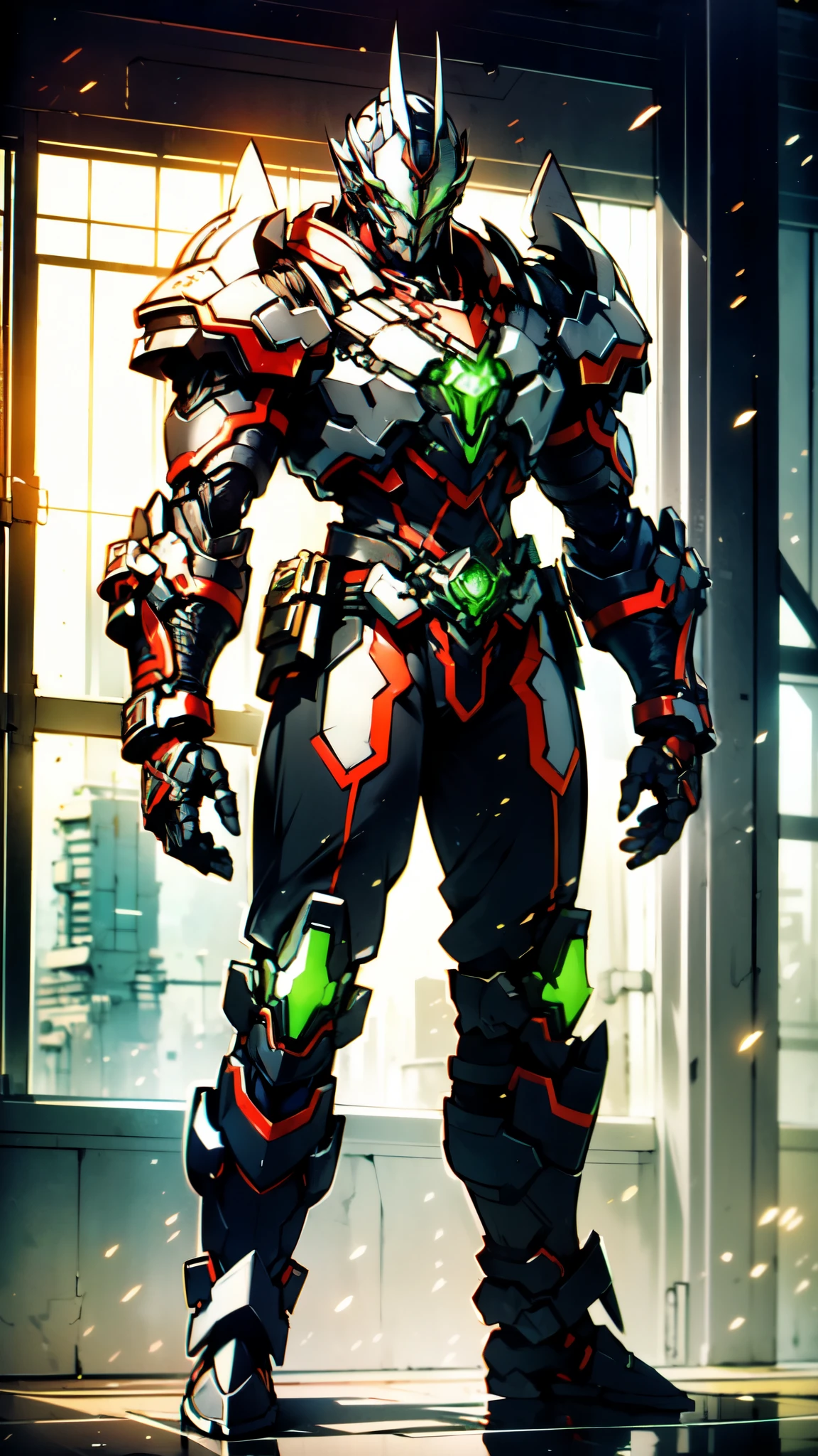 (masterpiece:1.5, best quality:1.5, extremely delicate:1.5), ((male:1.5)), a man wearing a full-face helmet, green eyes, fantasy-style high-tech biomimetic armored combat suit, (a composite layered chest armor), the design balances heavy with agility, fully enclosed shoulder guards, matching arm and leg guards, a belt of gemstone, (the color scheme is primarily Green and Red with Blue and Yellow accents, Organic Biotech, Concept Inspired by gemstone, glowing eyes, armor glows, stand of a futuristic sci-fi city), this character embodies a finely crafted fantasy-style armored hero in anime style, exquisite and mature art style, metallic, high definition, highres, ultra-detailed, ultra-fine painting, professional, perfect body proportions, golden ratio, anatomically correct, symmetrical face, extremely detailed eyes and face, high quality eyes, creativity, RAW photo, UHD, 32k, Natural light, cinematic lighting, masterpiece-anatomy-perfect