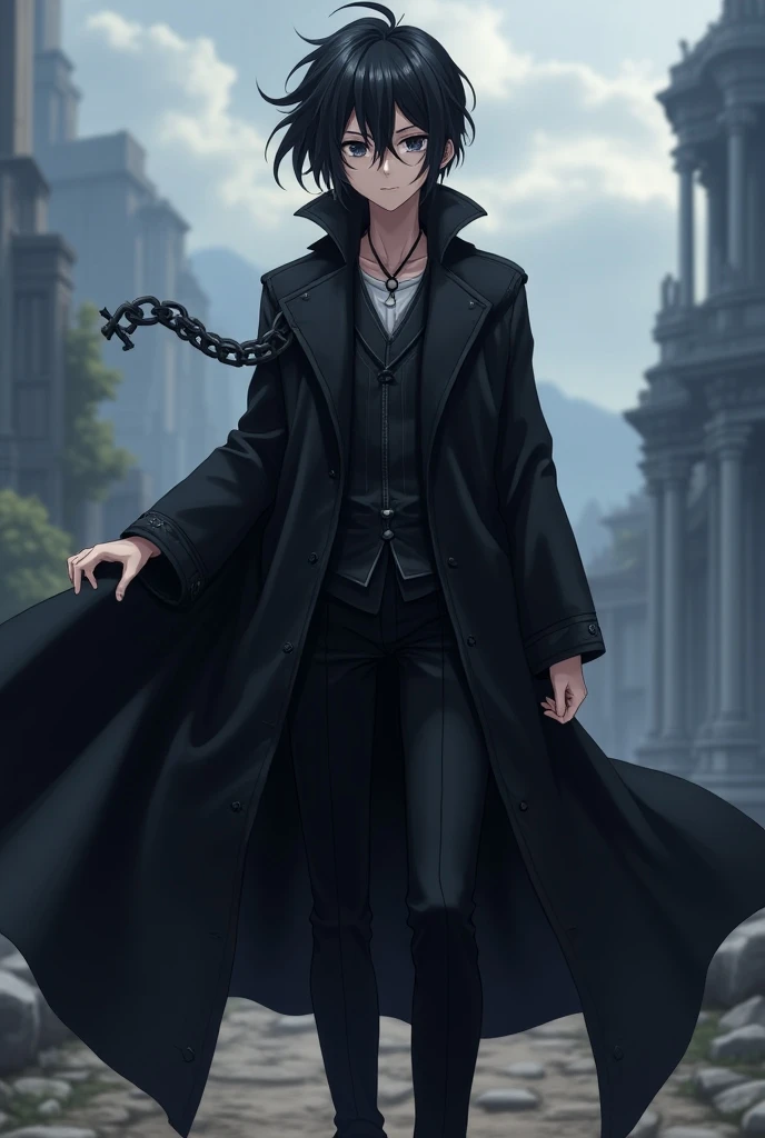 anime boy with black hair wearing a fantasy world looking black trench coat