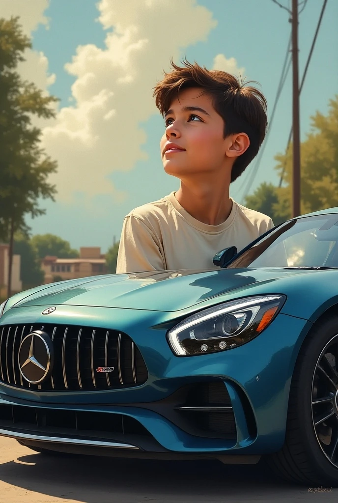 Child driving from the left driver's seat Mercedes GT Coupe 2024 green realistic as in reality full picture of the car