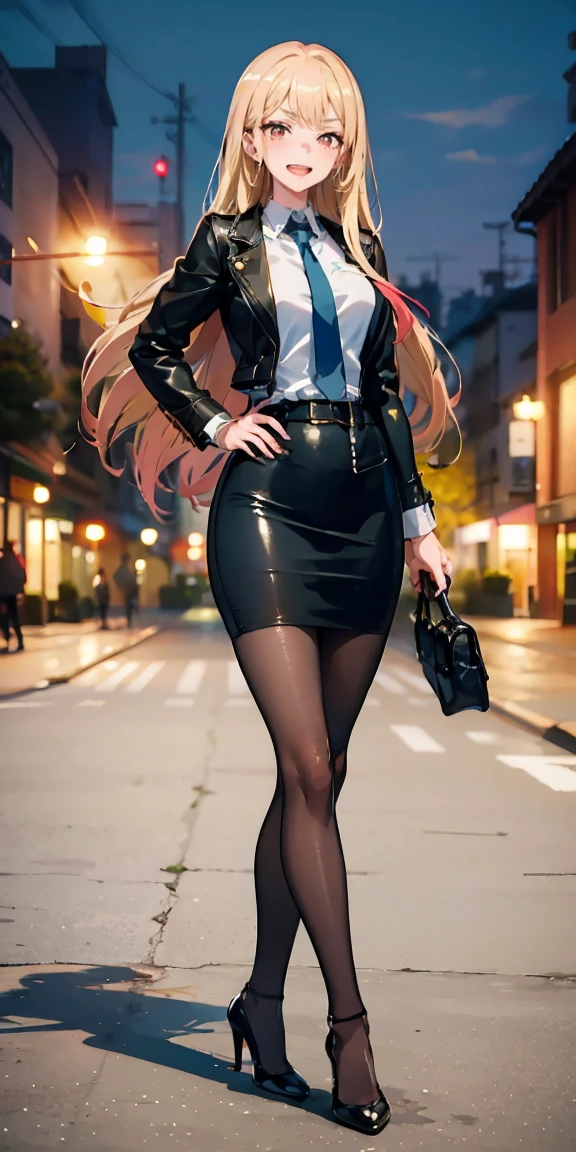 Marin Kitagawa,((whipping:1.4)),intenseglare,(best quality:1.6, highres), (beautiful detailed eyes:1.2), elevated, high-quality, beautiful face, 1 girl, leather pencil skirt, oversized leather jacket, blackbird, long hair, wide hips, landscape beautification, street, background, detailed background, sinister smile, angled laughter, long coat, blouse, tie, office woman, mature,((high heels)),A look of contempt,disgusting expression,