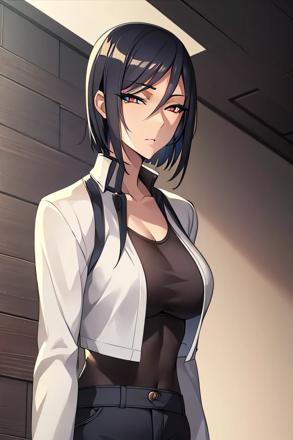 Top quality, detailed face, top quality, detailed eyes, detailed illustration, one woman, MILF, 27 years old, Japanese, brooding woman, tricolored eyes, cool short hair, black hair, eye shadow, slim body, white jacket, dark blue tank top, black pants, standing