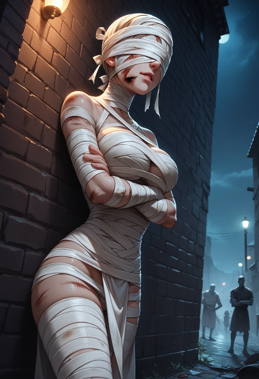 Look from behind,1girll,delicated face,Mummy costume,Bandages wrap around the whole body, Kneeling,Barefoot,Hands tied with cloth
