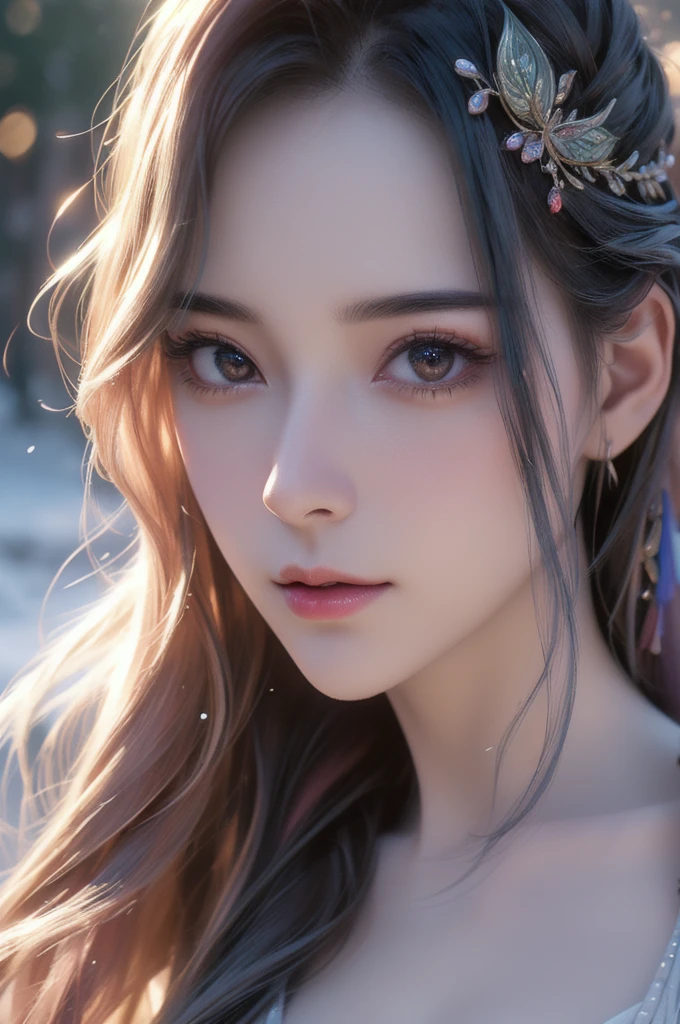 intricate,masterpiece,highly-detailed,alone,woman,rainbow hair,radiant smile,(best quality,4k,8k,highres,masterpiece:1.2),ultra-detailed,(realistic,photorealistic,photo-realistic:1.37),intricate detailed painting,elegant woman with rainbow colored hair,beautiful detailed eyes,beautiful detailed lips,extremely detailed eyes and face,long eyelashes,serene expression,vibrant colors,dramatic lighting,intricate fantasy setting,glowing ethereal atmosphere