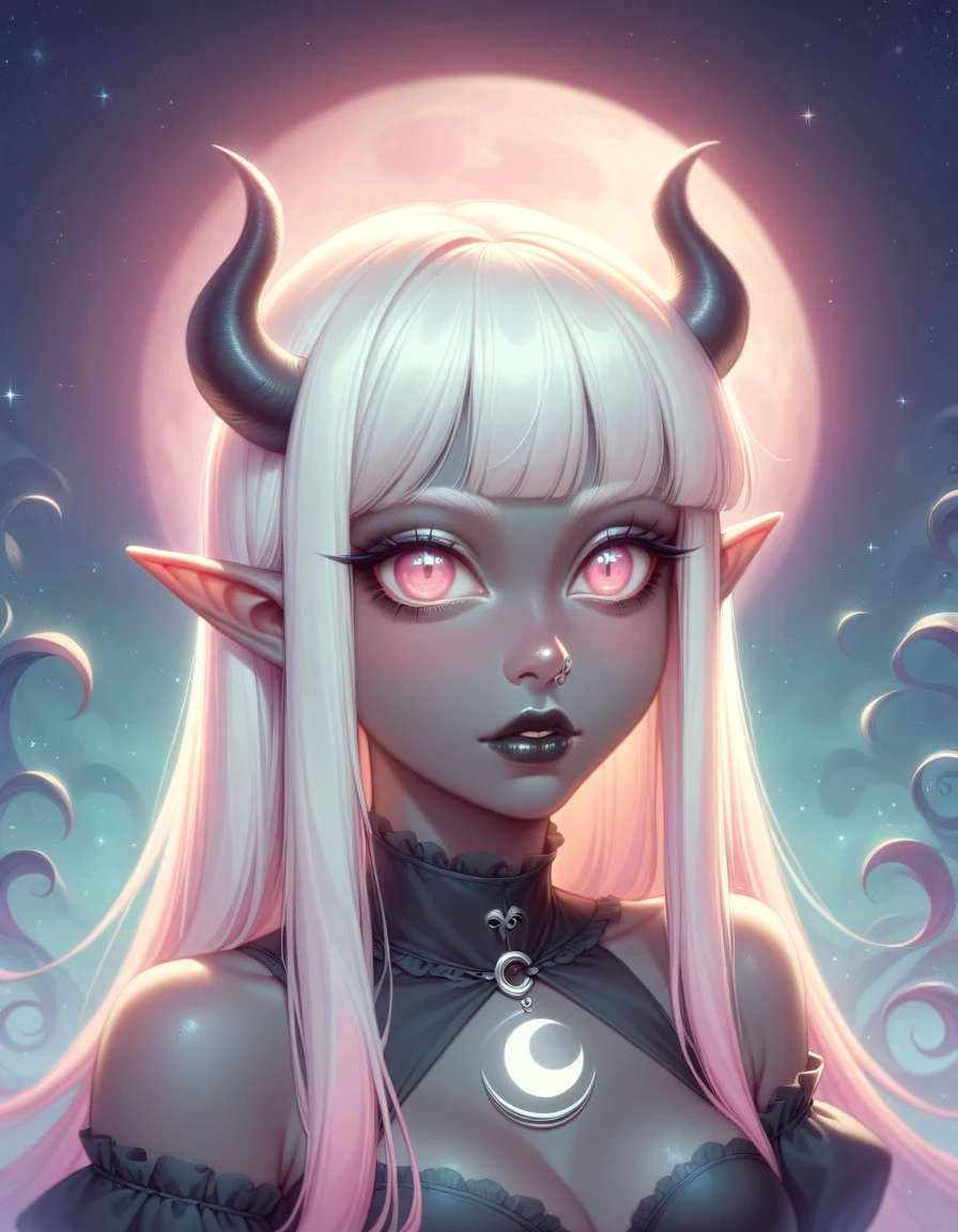 ((Masterpiece)), ((highres)), ((1person)), Random poses, beautifully detailed succubus girl, ((pastel moon background)), long white hair, defined elf ears with ear guages, defined eyes, pastel iris, long eye lashes, defined nose, black lipstick, (((Black skin))), black demon horns, breasts, night sky, (((pastel gothic style))), gothic style art, gothic asthetic
