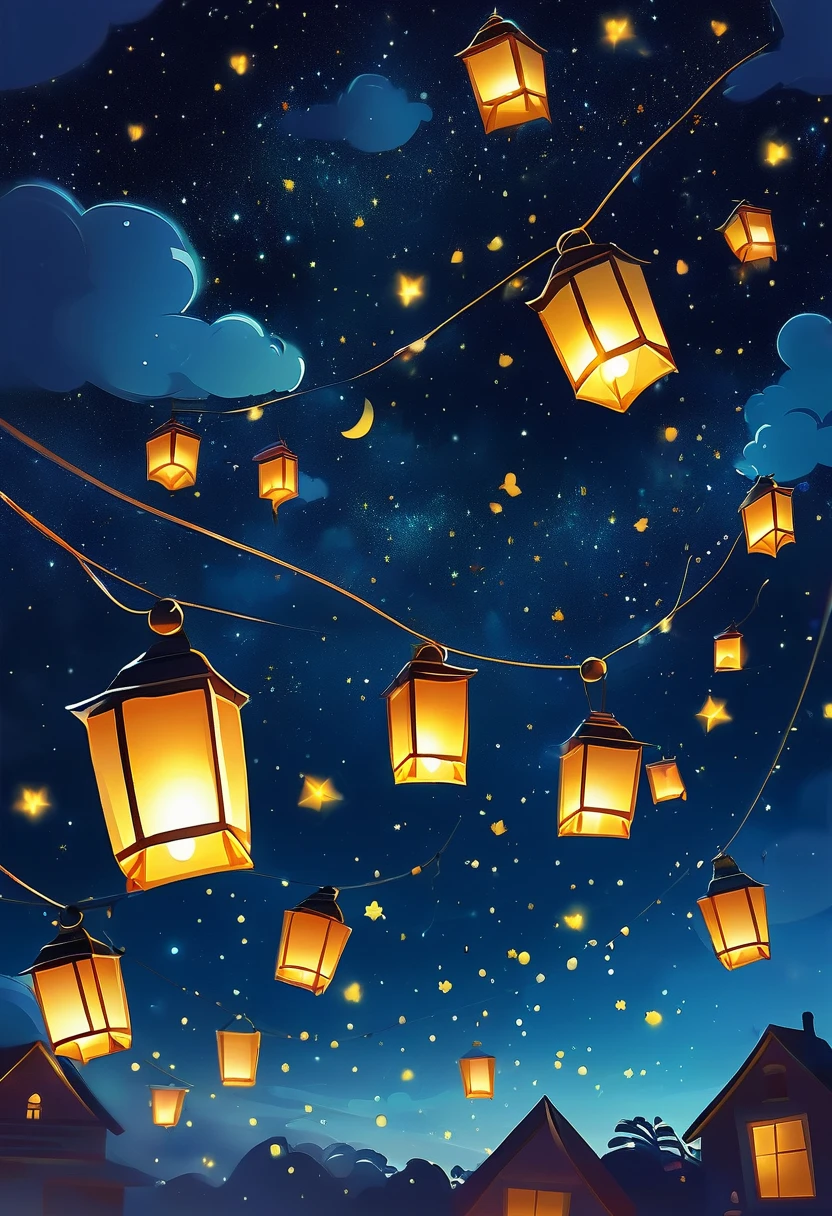 Night Sky, Starlight, Lanterns swaying in the wind, Floating,  imaginary, Warm Light,  Dreamy Scenery 