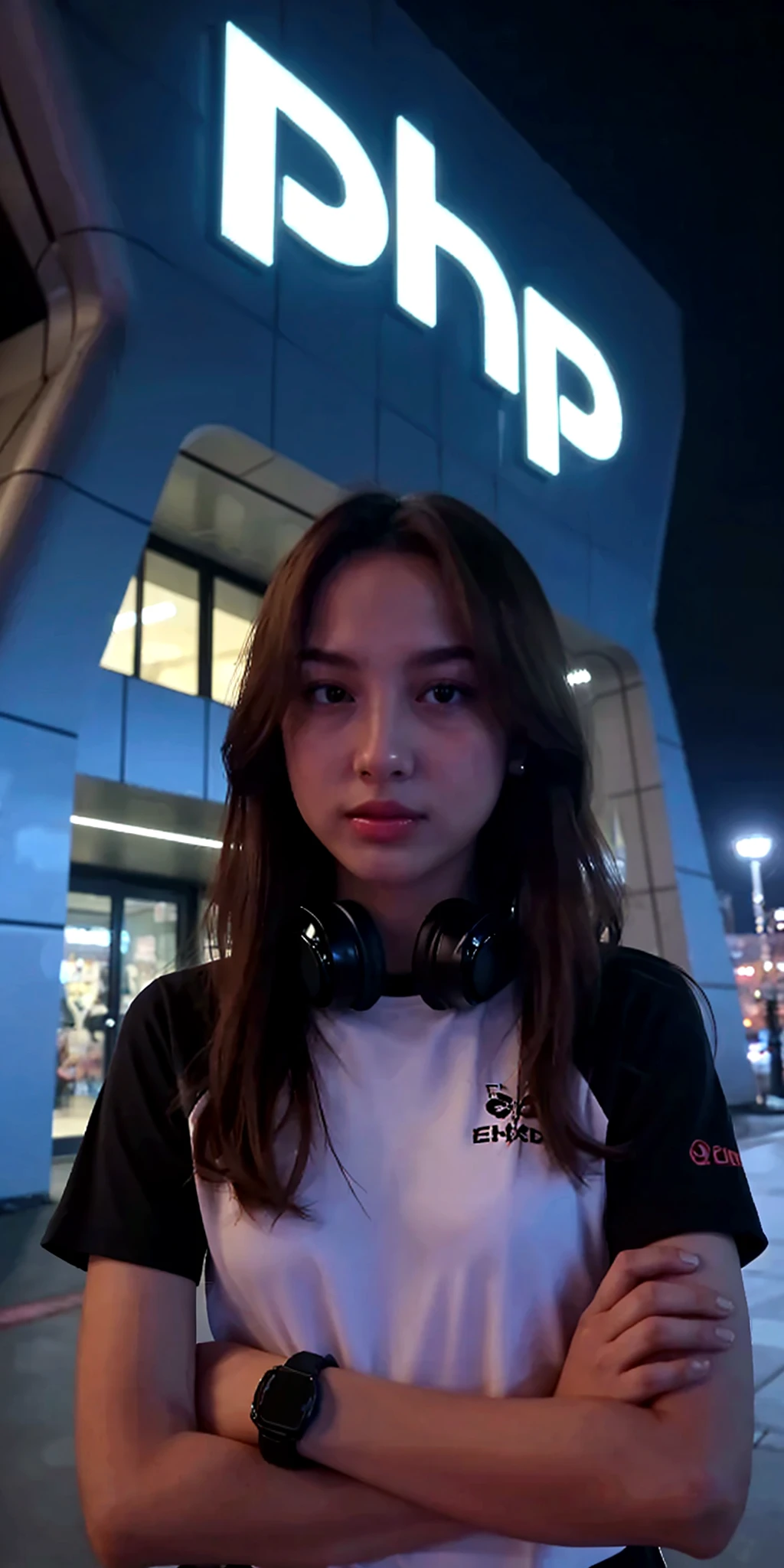 masterpiece, best quality, , (solo), 1girl, look up, dim light, , Horizon_(apex legends), goggles, blue eyes, brown hair, gauntlets, shoulder armor, headwear, (freckles:0.5), , (science_fiction), outdoors, street, neon lights, cyberpunk, (selfie:1.4)