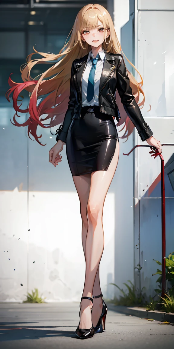 Marin Kitagawa,((whipping:1.4)),intenseglare,(best quality:1.6, highres), (beautiful detailed eyes:1.2), elevated, high-quality, beautiful face, 1 girl, leather pencil skirt, oversized leather jacket, blackbird, long hair, wide hips, landscape beautification, street, background, detailed background, sinister smile, angled laughter, long coat, blouse, tie, office woman, mature,((high heels)),A look of contempt,disgusting expression,