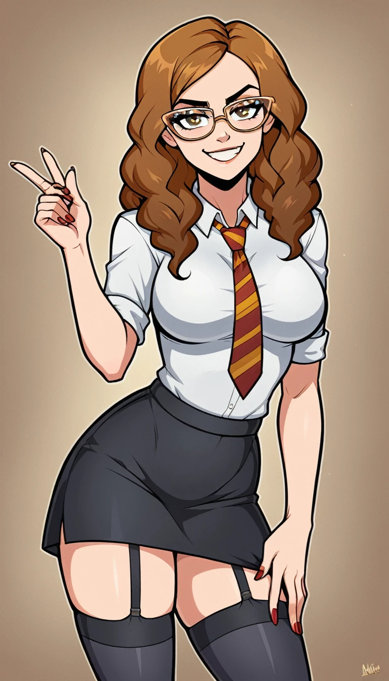 Cartoon  2d animation series , Milinial body, nsfw,  , looking at viewer,  glasses ,  nails, stockings, skirt,  , smirk, female Harry potter, boobs, Hermione 