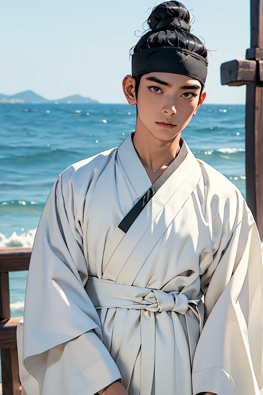 (absurdres, highres, masterpiece, best quality, ultra-realistic,ultra-detailed),(beautiful detailed face and eyes and hair:1.1),handsome,mature,asian man,tall and muscular,broad shoulders,black hair,black eyes,datailed face,topknot,see-through headband,white hanbok,sad,upper body, sea background