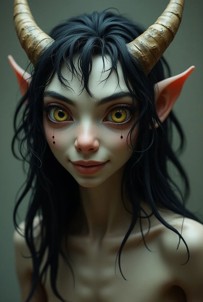 person with Earth type face, Lotus eye, medium mouth size, fine silky straight long hair, forehead with downward pointed hair line, wide forehead, normal low set brow bones, High eyebrows, eyebrows with tails pointed upwards, widely set eyebrows, eyebrows thick at start, long thick eyelashes, perfectly spaced eyes, dark brown eyes, shiny eyes, big eyes, tip of ears higher than eyebrows, upper portion of ears is pressed inside horizontally, large ears, round and big ear tips, ears with big holes, long earlobes, naked tits,long  Vampire teeth out, fangs, small cute nipples