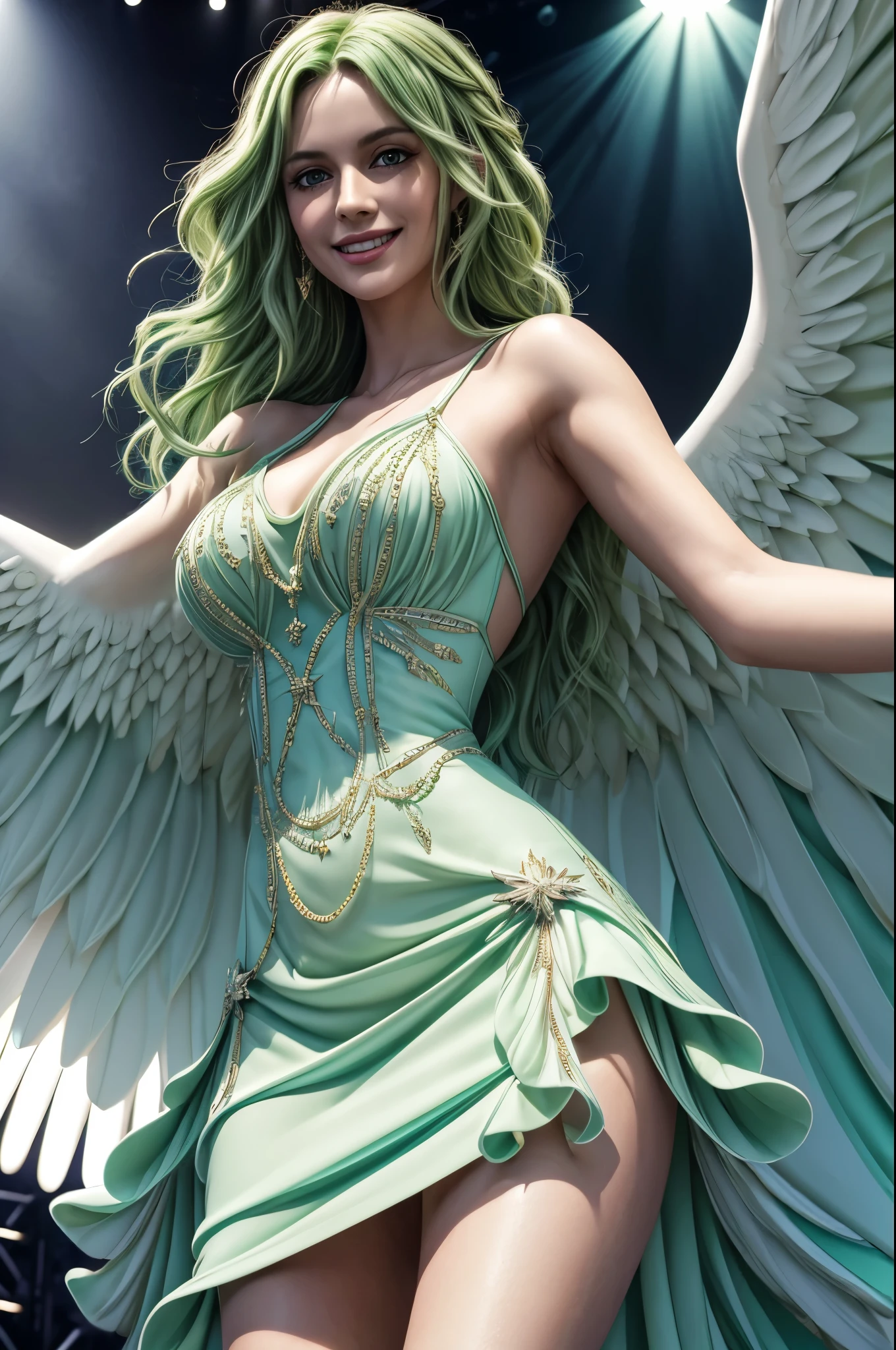 masterpiece, best quality, extremely detailed, hyperrealistic:1.1, photorealistic, a beautiful 20s european model, ultra detailed face:1.1, green hair, wavy hair, winged arms, white feathered wings, aqua dress, smiling, on live stage, stage lighting, standing