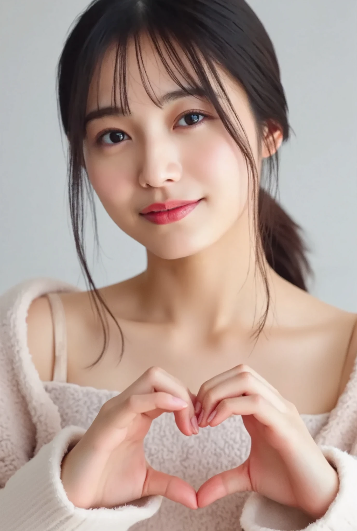 Only one woman with a cute smile wears cute, fluffy off-shoulder pajamas, makes a big heart shape with both hands, and poses them in front of her chest, View above collarbone、The background is a monotone 

