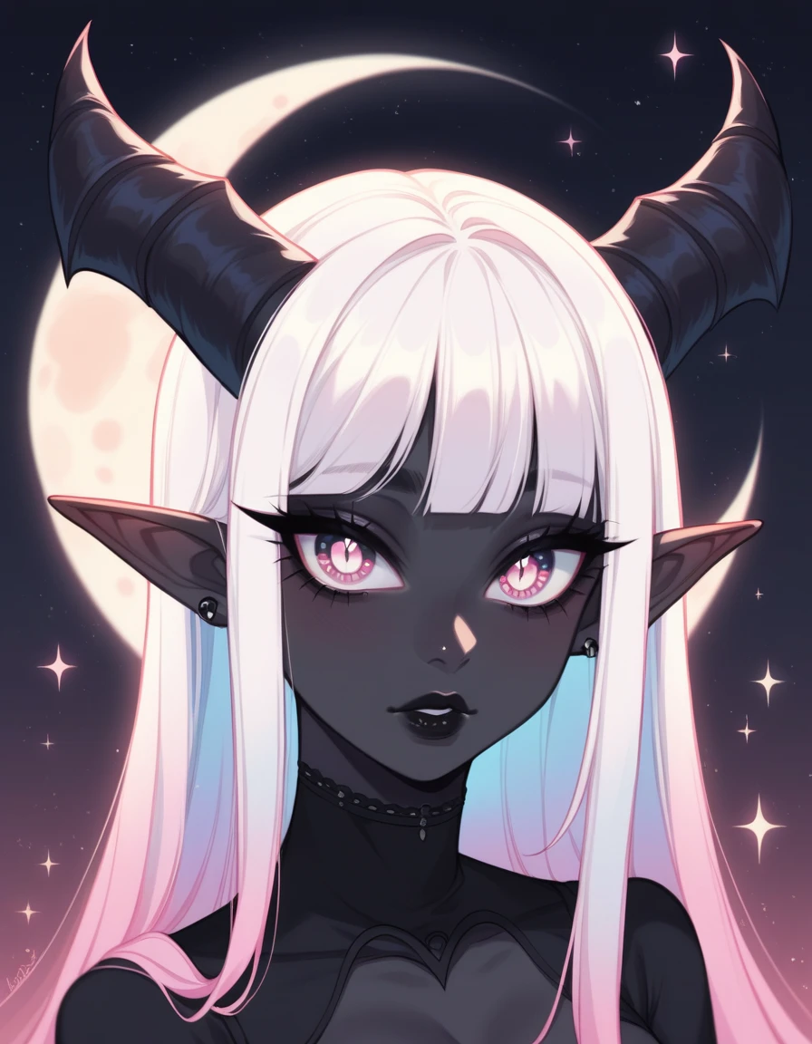 ((Masterpiece)), ((highres)), ((1person)), Random poses, beautifully detailed succubus girl, ((pastel moon background)), long white hair, defined elf ears with ear guages, defined eyes, pastel iris, long eye lashes, defined nose, black lipstick, (((Black skin))), black demon horns, breasts, night sky, (((pastel gothic style))), gothic style art, gothic asthetic
