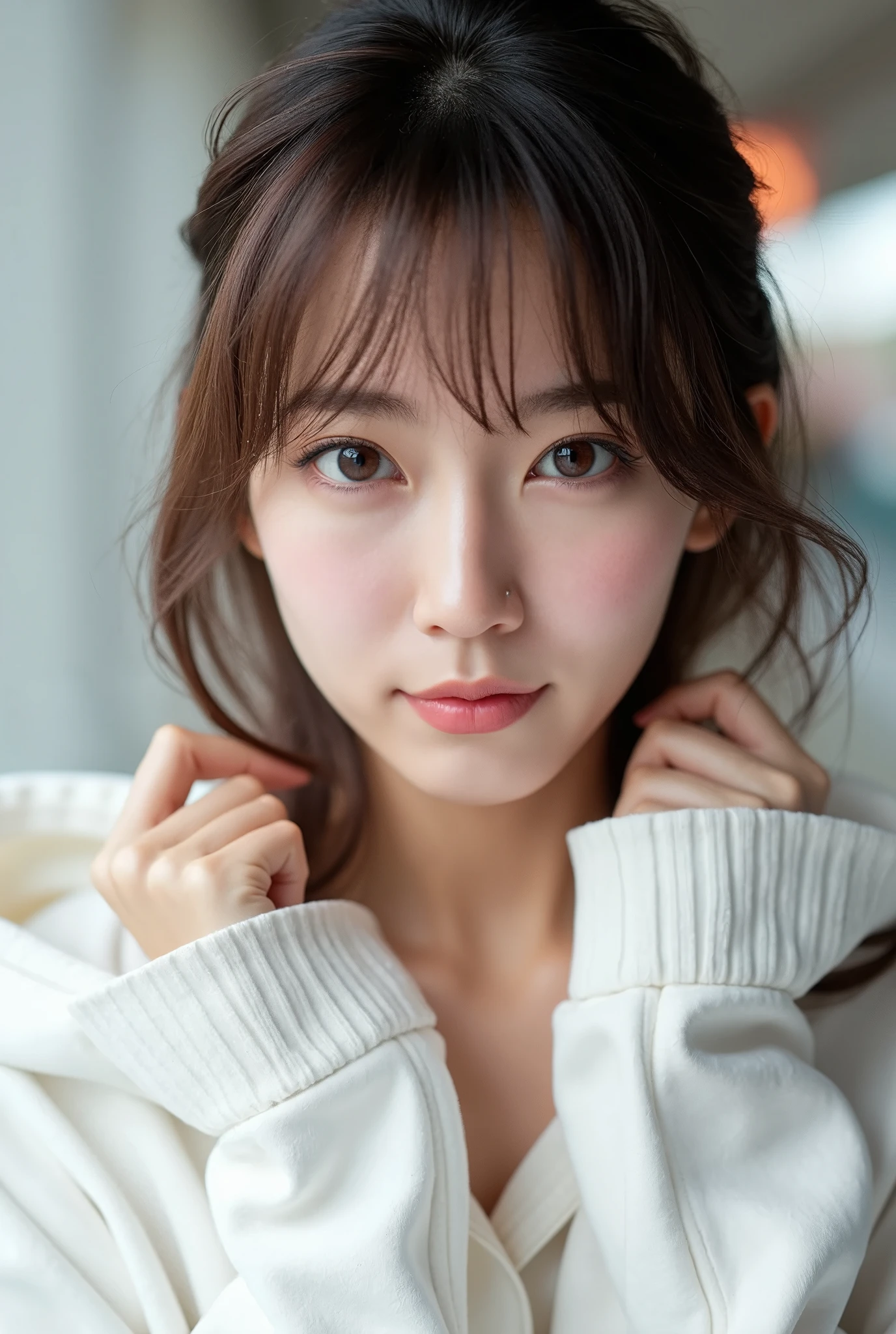 japanese woman, (close-up:2), (natural lighting),wavy hair, forehead, (dark brown eyes),(from side), (downward slanting eyes),pouty,
(white sweater),(dyanmic posing)
(see-through curtain, bright room)