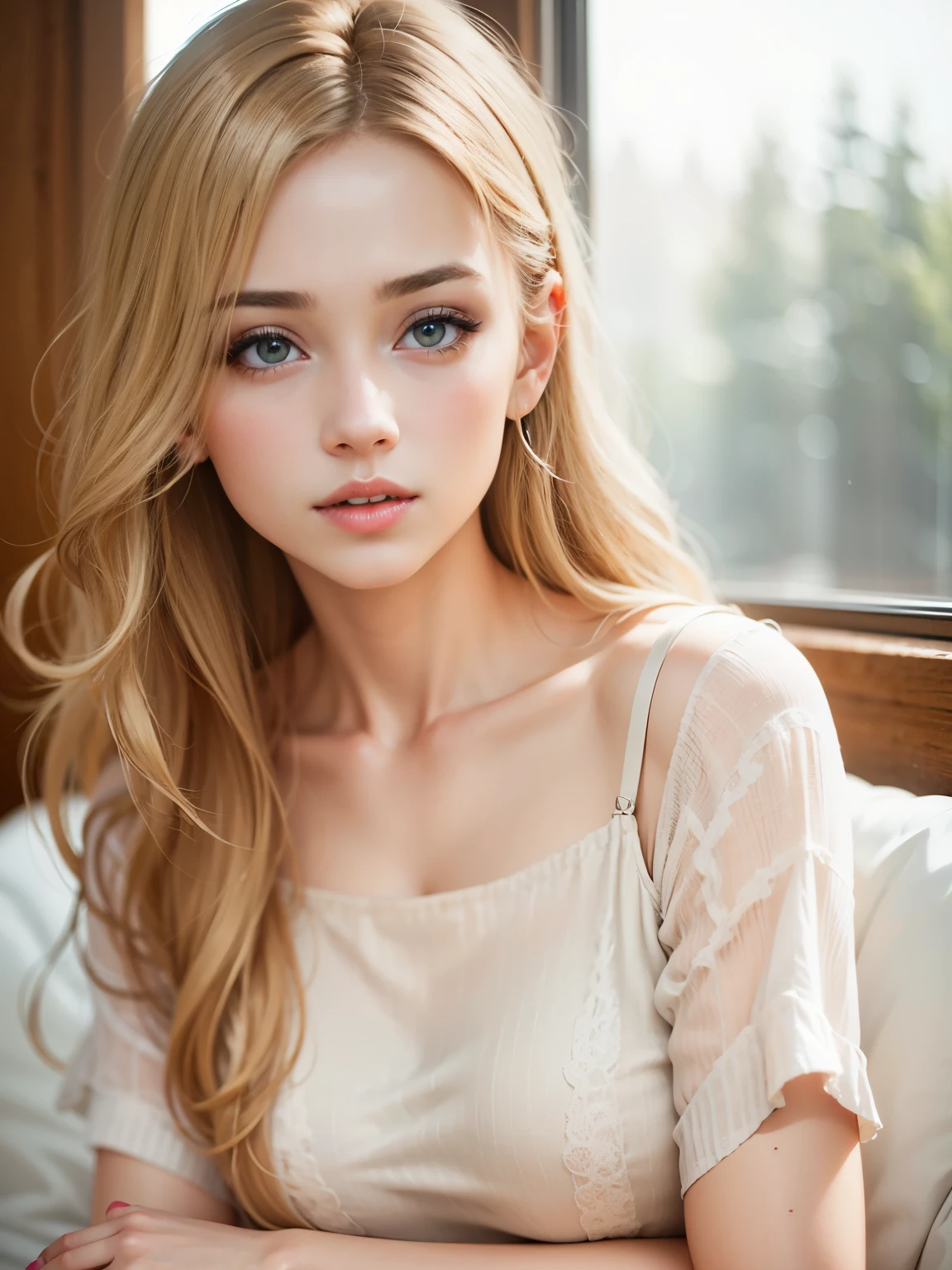 (high quality), (masterpiece), (detailed face), (beautiful), (cute), (hot), (slender), (18yo), (blonde hair), (teen girl), (classroom), (medium boobs), (sunlight), (open white blouse), (normal pink bra), (nipslip), (shy arms), (dark blue pleated skirt), (shy), (embarrassed)