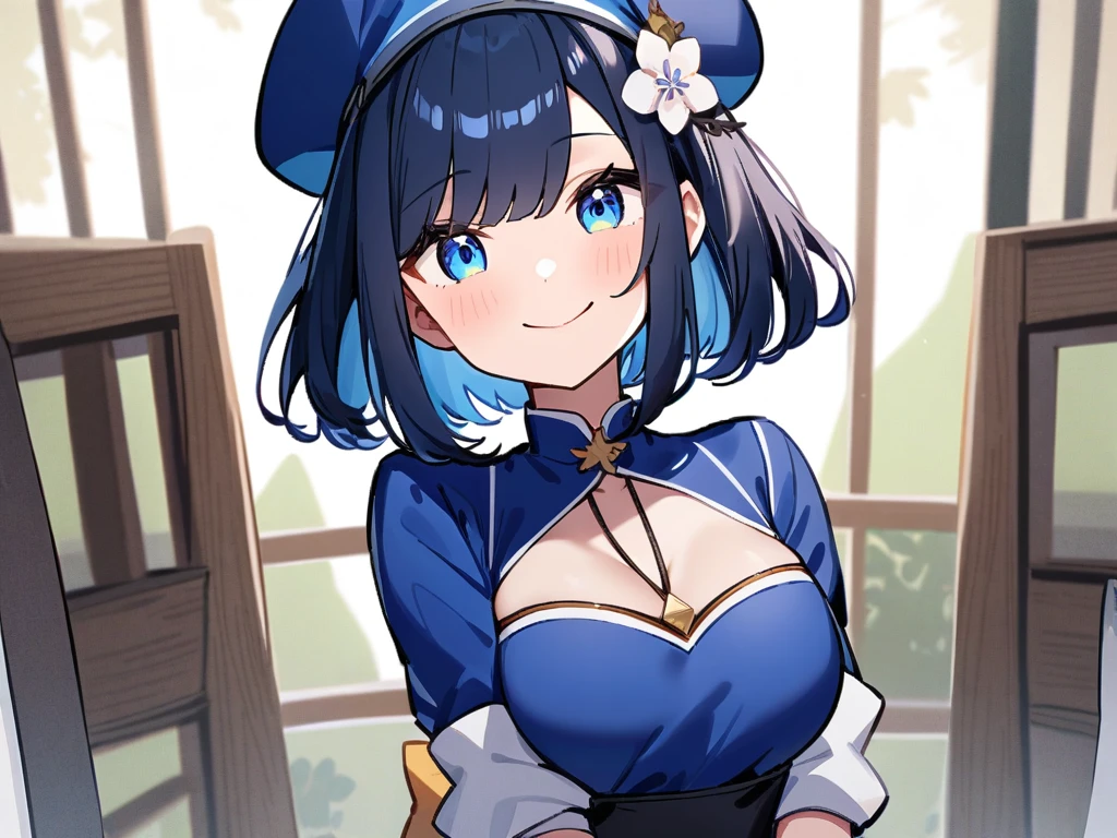 18 year old girl, Santa Claus Costume、Hair short like a boy、Dark blue hair、white hairband、big round blue eyes、A slight smil、Laugh、small tits、Realistic painting in every detail, Christmas Outdoors、Colors based on red and green