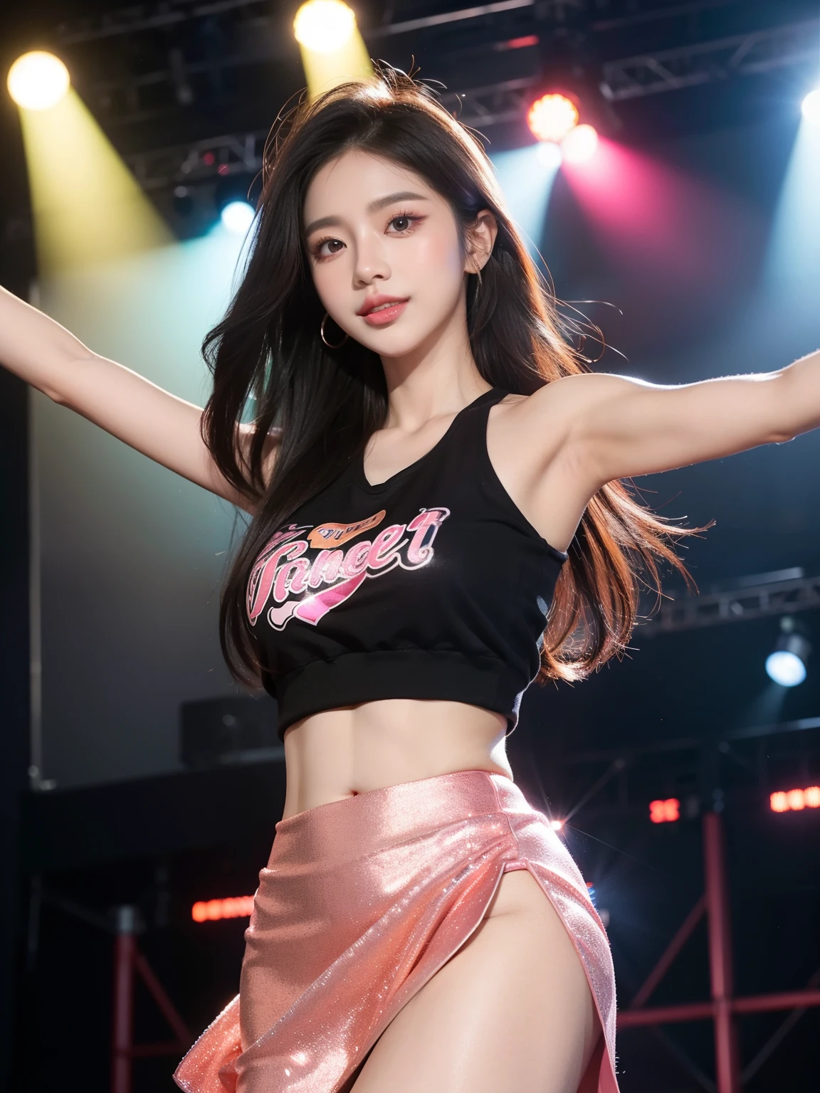 (8K、Raw photography、Photorealsitic:1.25)、1、(16 year old woman with beautiful perfect face、Expressing the joy of dancing with color)、Pose with legs raised high、Line Dance、lipgloss、long eyelashes beautiful look、shiny bare skin、top-quality、超A high resolution、Stage costumes with many jewels shining、Bask in the lights on the stage、a miniskirt、Photograph the whole body、Reduce depth of field