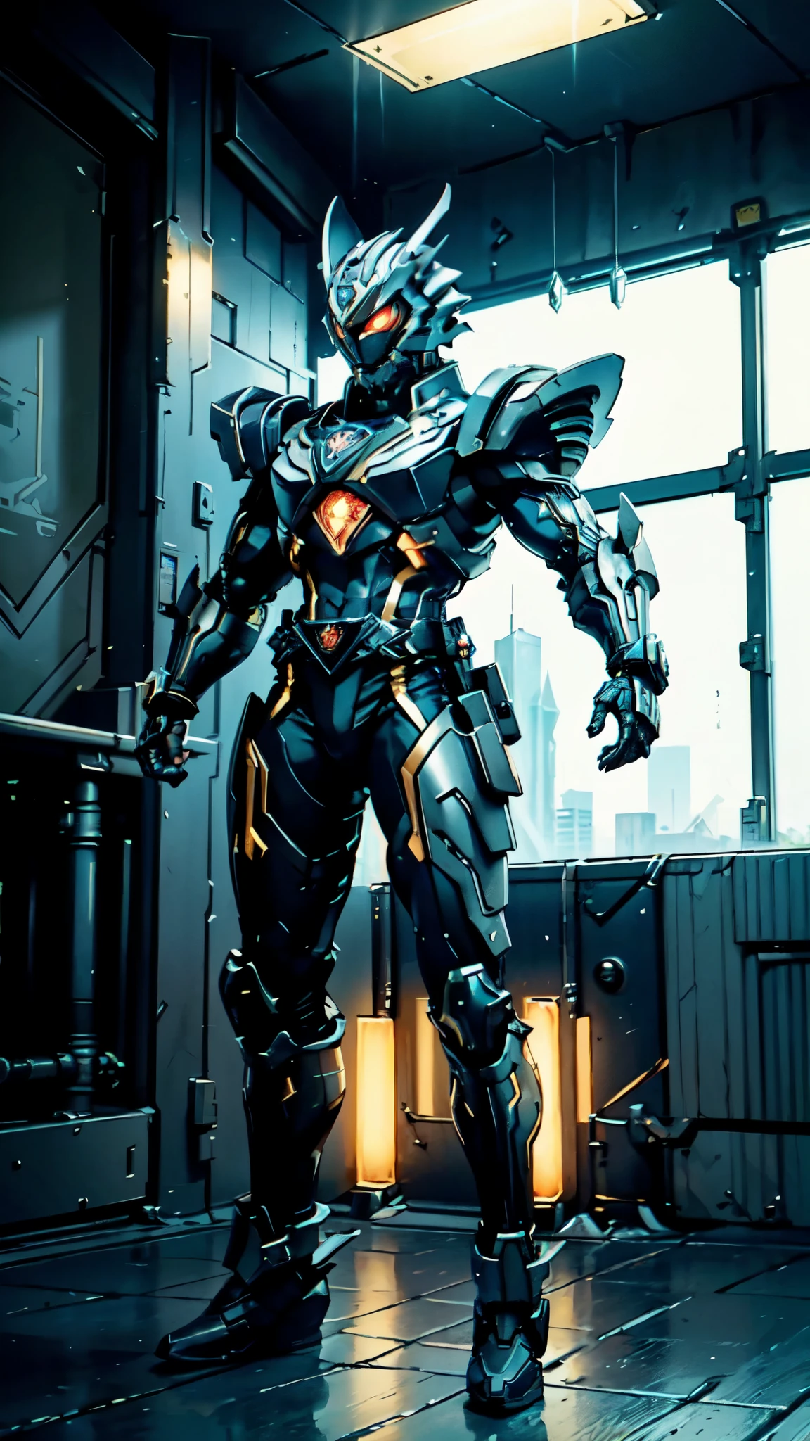 (masterpiece:1.5, best quality:1.5, extremely delicate:1.5), ((male:1.5)), a man wearing a full-face helmet, green eyes, fantasy-style high-tech biomimetic armored combat suit, (a composite layered chest armor), the design balances heavy with agility, fully enclosed shoulder guards, matching arm and leg guards, a belt of gemstone, (the color scheme is primarily White with Blue and Red accents, Organic Biotech, Concept Inspired by Dragon, glowing eyes, armor glows, stand of a futuristic sci-fi city), this character embodies a finely crafted fantasy-style armored hero in anime style, exquisite and mature art style, metallic, high definition, highres, ultra-detailed, ultra-fine painting, professional, perfect body proportions, golden ratio, anatomically correct, symmetrical face, extremely detailed eyes and face, high quality eyes, creativity, RAW photo, UHD, 32k, Natural light, cinematic lighting, masterpiece-anatomy-perfect
