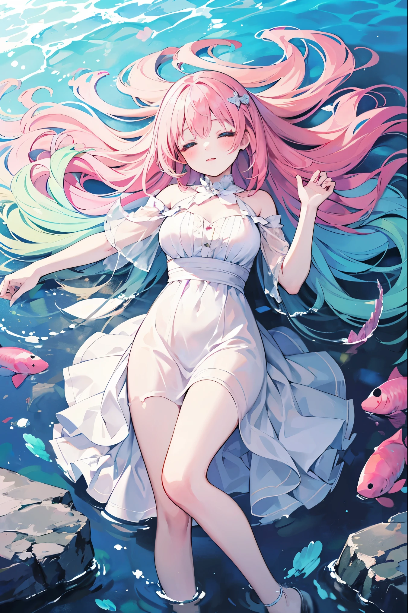 （（upscale,16k,masterpiece：1.3））,（beautiful woman,,Sleep at the bottom of the sea,dark ocean landscape,white dress）,pink and green,colorful,flowing hair,(high saturation),(colorful splash),Colorful bubbles,(shining),Lying on a large rock