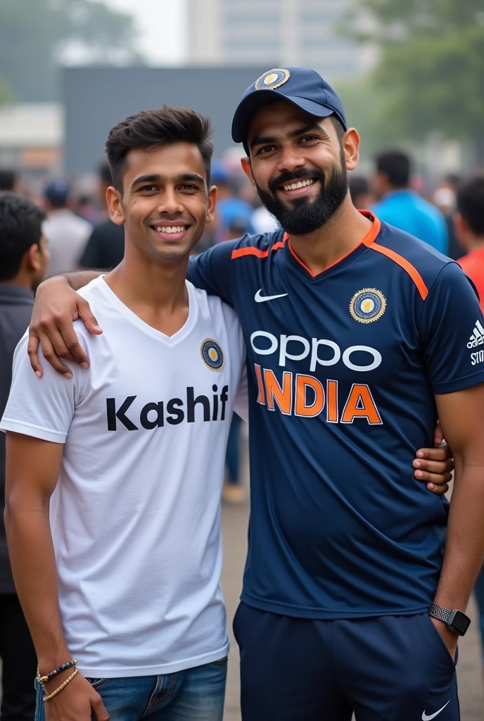 A boy sitting near Virat Kohli and (LALIT) is written on the shirt of boy