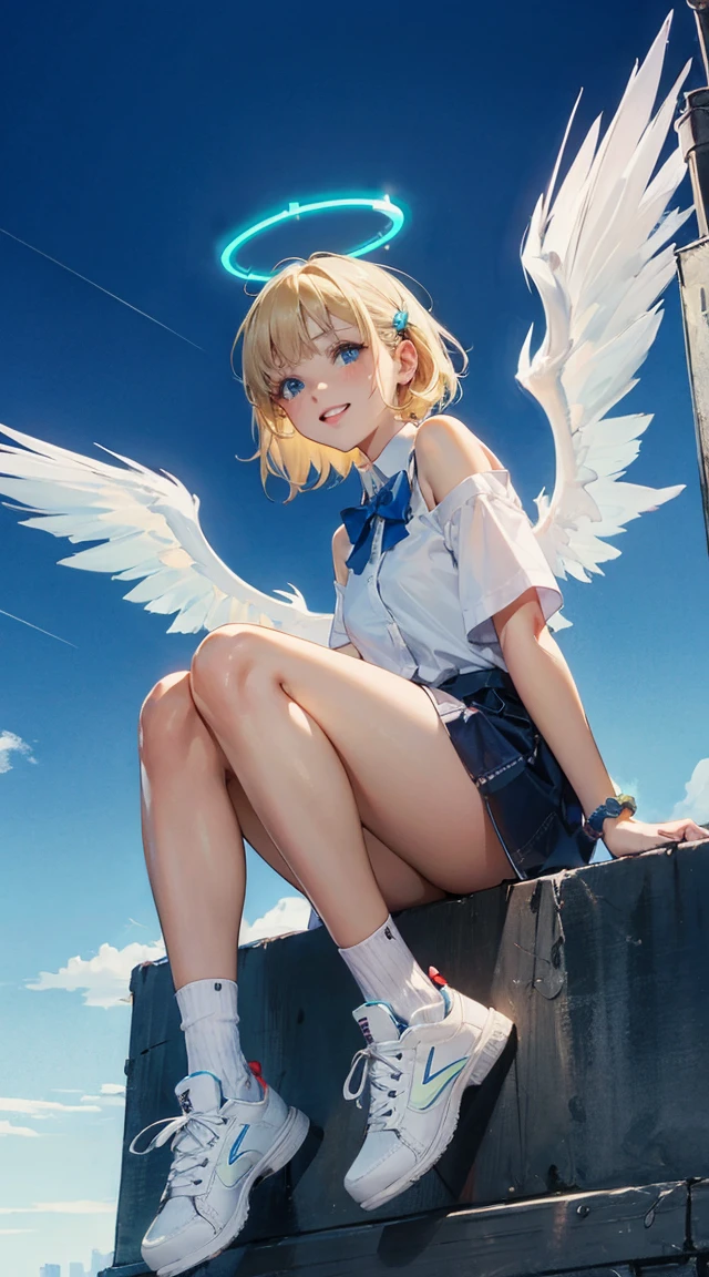 young woman, clear brown skin, own_hands_together, detailed hands, stunning blue green eyes with neon accents, beautiful and delicate smile, short hair white with neon accents, curvy, blue, sora, blue eyes, blonde hair, two side up, long hair, halo, mini wings, white wings, low wings, blue apron, white shirt, off shoulder, strap slip, bowtie, short sleeves, white socks, white footwear, sneakers, single wrist scrunchie