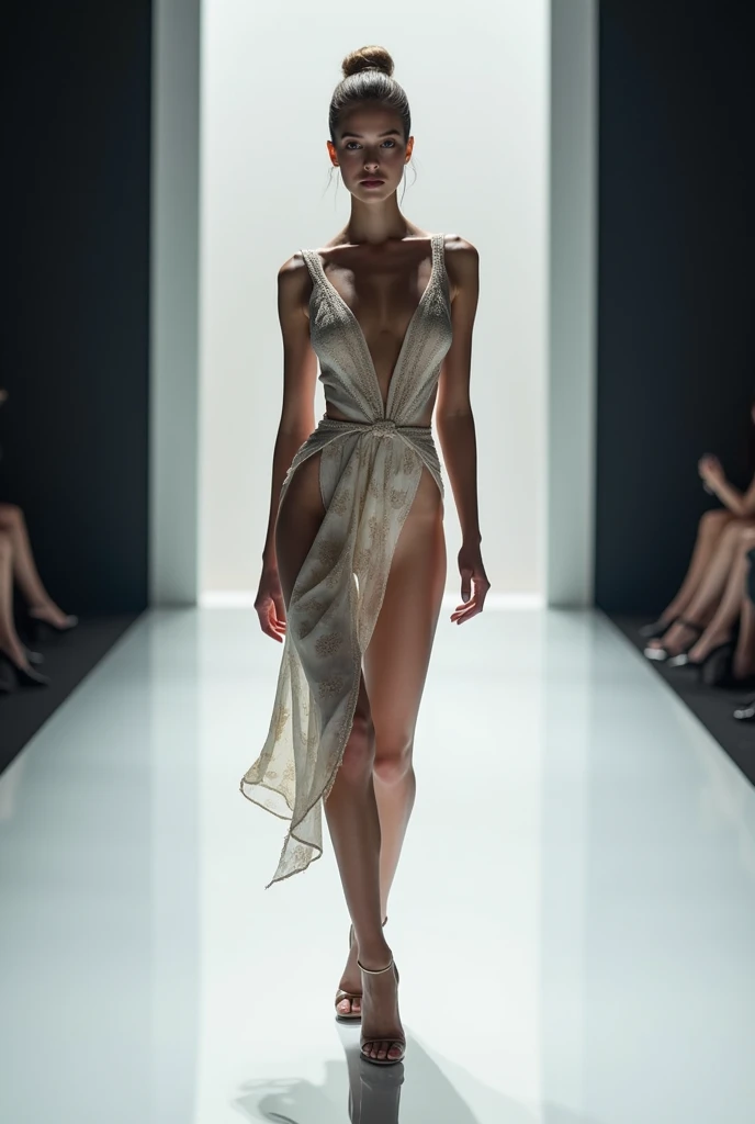 master-piece，A fashion show，A beautiful female model walks the catwalk，walking towards viewer，Expression sexy seduction，superstar，Wear sexy fashion，The perfect art of costume design，Great stage art，Dramatic expressions，Ceramic-white skin，Stand in a luxurious interior，Full-body standing，facial detailing，Detailed body part details，8k wallpaper，supermodel，Light and shadow follow，Realistic cinematic lighting，Perfect dramatic composition，Great fashion art