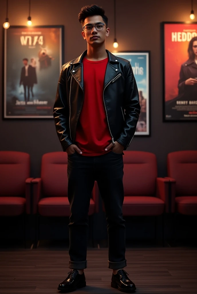 A young man Indonesia wearing a red t-shirt, black leather jacket, black jeans, black leather shoes. The background is in a cinema room complete with movie posters.