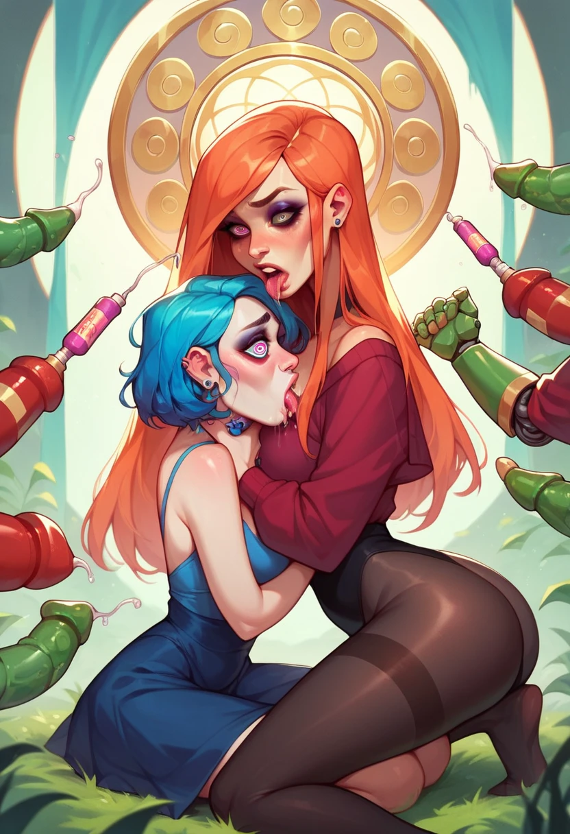 poison ivy , HUGE titties , with Harley Quinn, naked kissing , while they are riding dicks