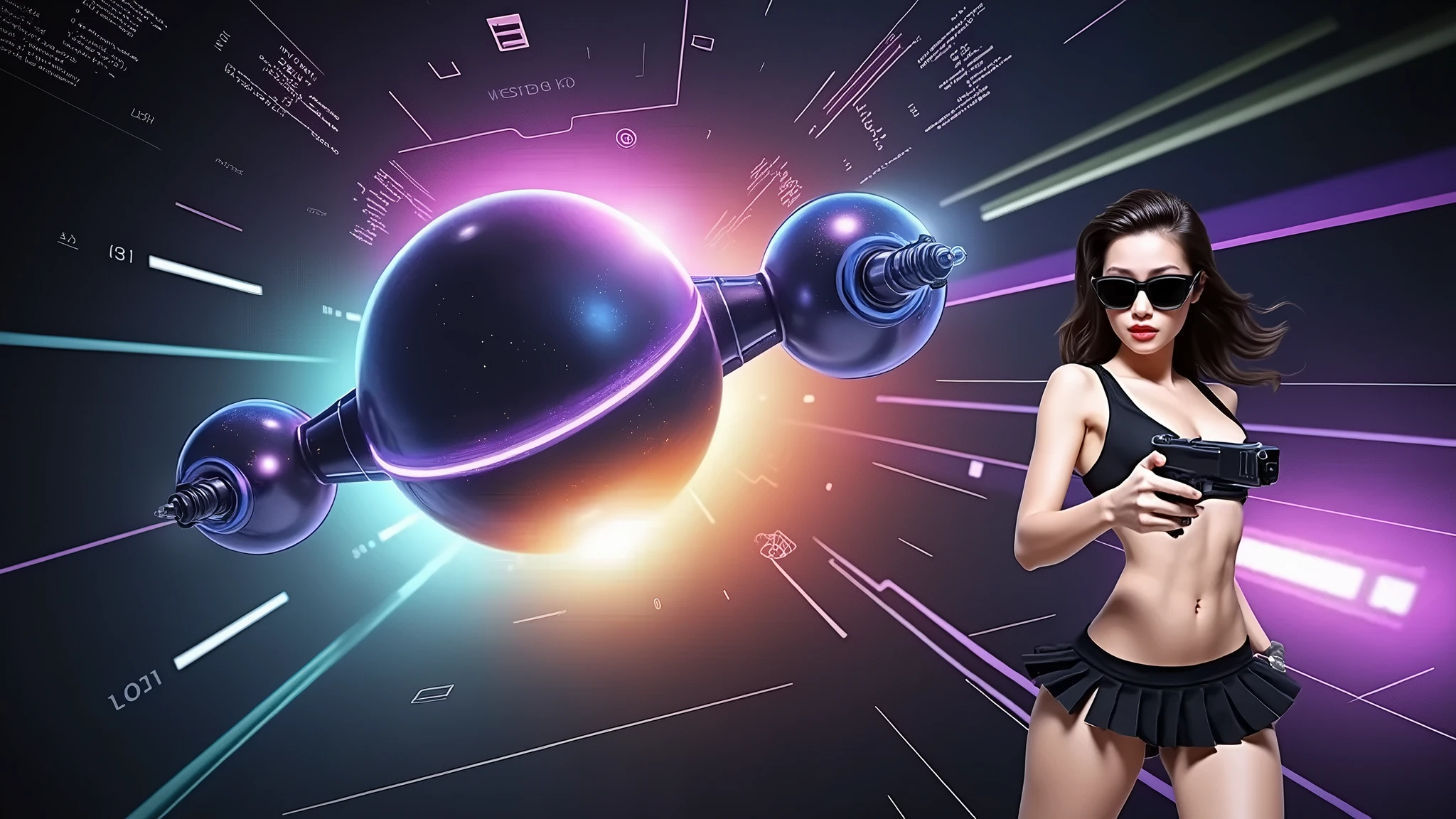 Aerial view, (flying vehicle), sci-fi outdoor crop circle maze as background. Matrix style, at night, dark sky. (1girl, solo), photo realistic, large-breast:1.2 slim:0.85 body, cleavage:1.2, tube top, miniskirt, (matrix style black sunglasses), (holding a mini:1.1 stun gun), half-body thigh level medium shot, cinematic lighting, ray tracing.